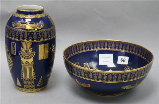 A Carlton Ware Tutankhamun pattern powder blue vase 2710 and bowl 2711 vase height 21cm